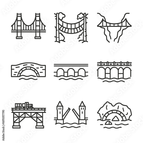 Iconic Bridges Line Art. Line style icons of iconic bridges and crossings: Golden Gate Bridge, rope bridge in jungle, suspension