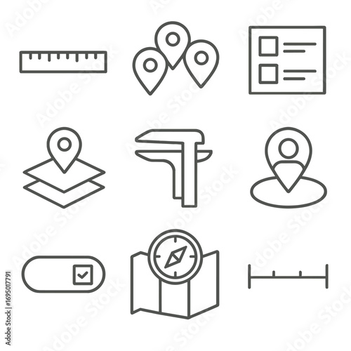 Map Tools Icons. Line style icons of map tools and symbols: ruler for distance, pin cluster icon, map legend symbol, location icon