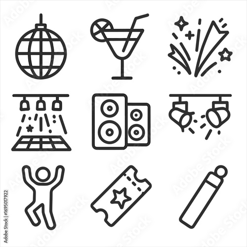 Party Icons Collection. Line style icons of party and nightlife scenes: disco ball icon, cocktail with straw, party confetti burst