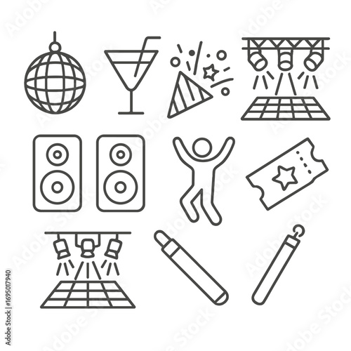 Party Icons Collection. Line style icons of party and nightlife scenes: disco ball icon, cocktail with straw, party confetti burst