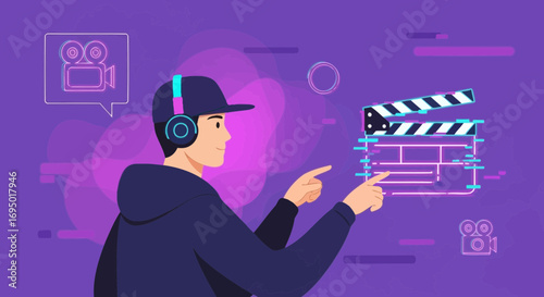 Animated film director illustration with clapperboard and camera on a purple background