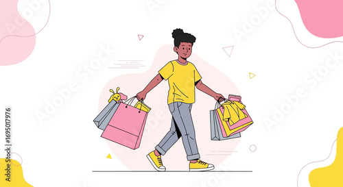 Illustration of a person with shopping bags walking, representing consumerism and lifestyle