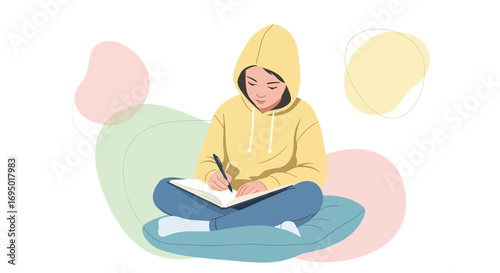 Illustration of a person writing in a notebook while sitting cross-legged on a cushion