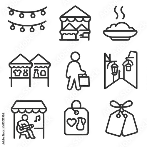 Night Market Icons. Line style icons of night market and bazaar festivals: string lights above stalls, night vendor tents, street