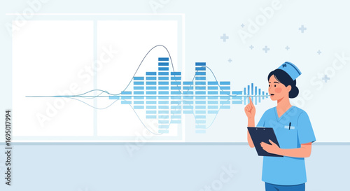 Animated scene of a nurse analyzing patient data displayed as a soundwave illustration