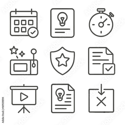 Design Challenge Icons. Line style icons of design challenges and prompts: daily prompt calendar, idea starter flashcard, timed