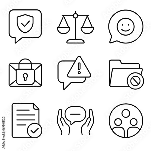 Communication Ethics Icons. Line style icons of communication ethics and responsibility: message with shield icon, truth scale