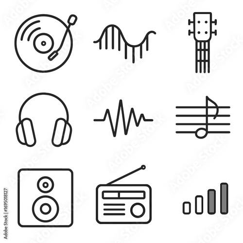 Music Icons Collection. Line style icons of music and sound in black and white: vinyl with needle, piano wave line, guitar neck in