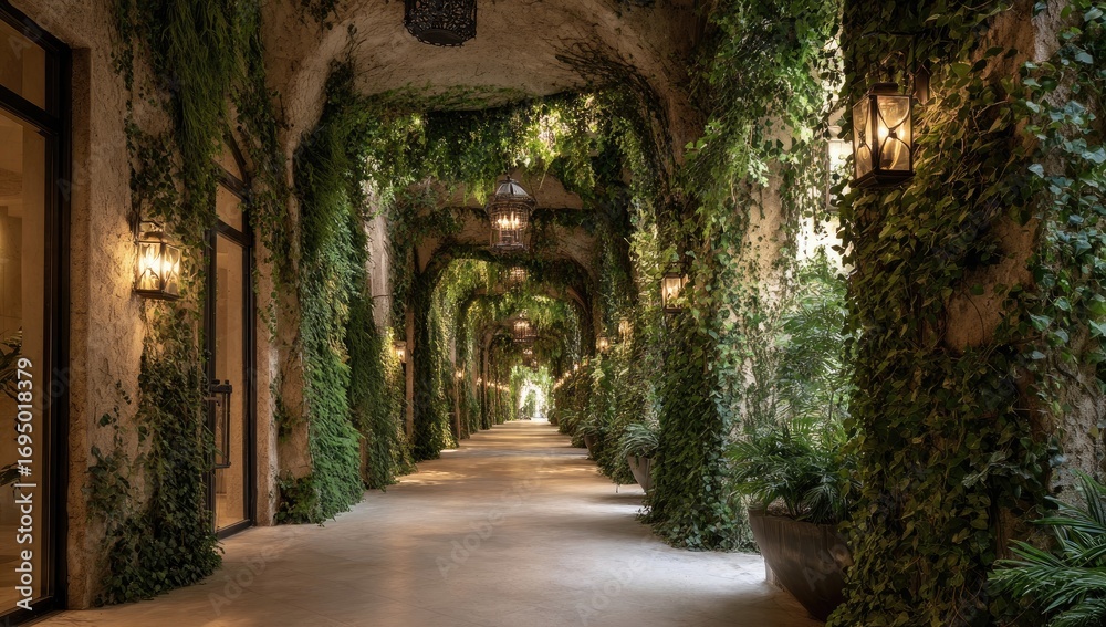 Fototapeta premium A lush, arching walkway covered in greenery