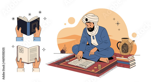 Arab Scholar Reading Book in Desert Illustration Depicting Knowledge and Traditionals, Arabic