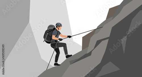 Illustration of a Rock Climber Scaling a Mountain Using Ropes and Specialized Gear