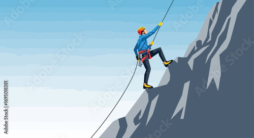 Illustration of a Rock Climber Scaling a Mountain Against a Blue Sky Background