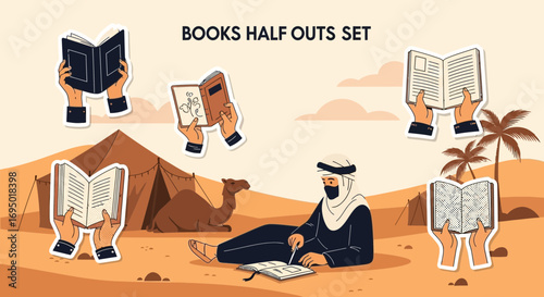 Arabian scholar in desert with books camel and tent for islamic knowledge and education