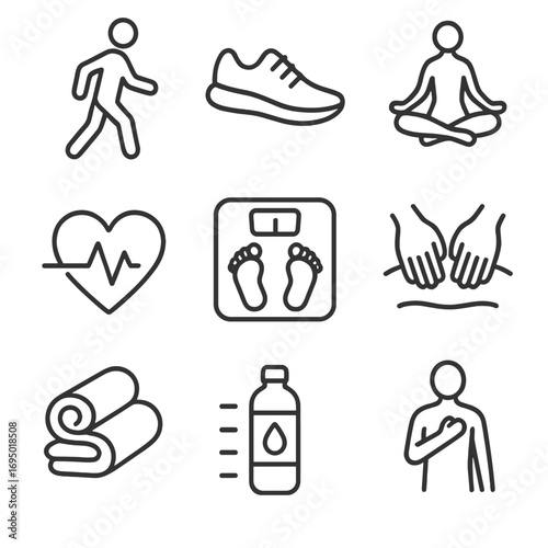 Wellness Icon Set. Line style icons of physical wellness and self-care: walking outdoors icon, jogging shoe symbol, yoga pose