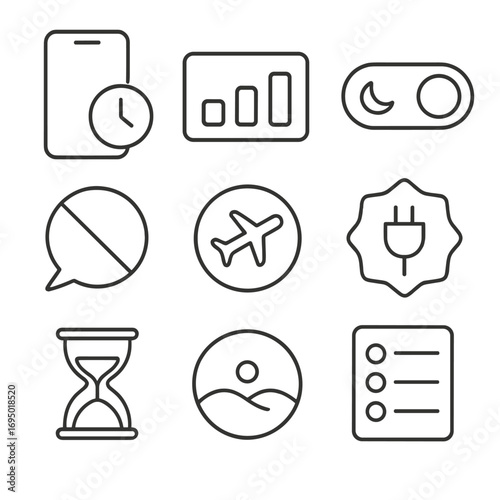 Digital Wellness Icons. Line style icons of digital wellness and screen balance: phone with timer icon, screen time bar, night