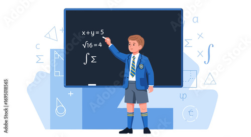 Illustration of a schoolboy solving math problems on a chalkboard in class