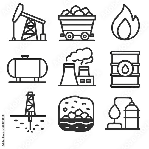 Fossil Fuel Icons. Line style icons of fossil fuels and extraction: oil rig icon, coal cart with rocks, natural gas flame symbol,
