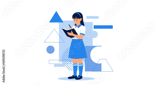 Illustration of a schoolgirl writing in a notebook with blue geometric shapes in the background