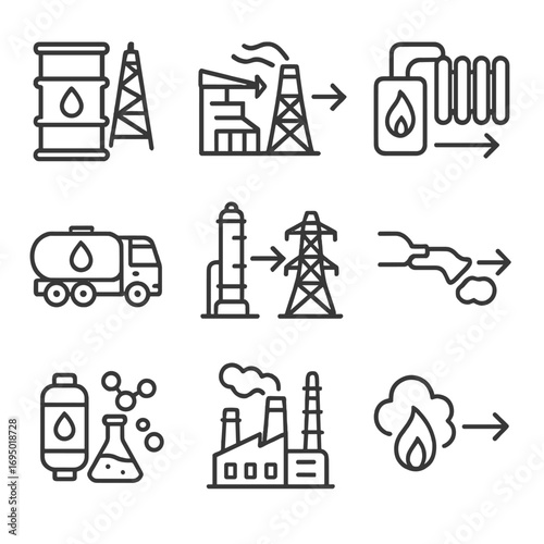 Fossil Fuel Cycle Icons. Line style icons of fossil transformation and fuel use: oil refined barrel icon, coal to electricity flow