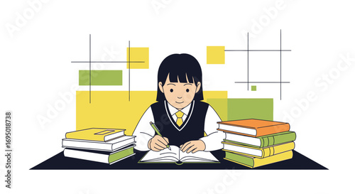 Illustration of a schoolgirl writing amidst books, studying with books and writing