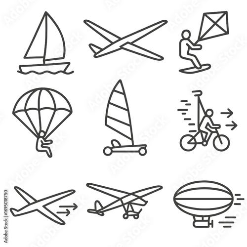Wind-Powered Transportation Icons. Line style icons of wind-related transportation: wind-powered boat, sailplane icon, kiteboarder