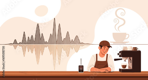 Artistic depiction of barista with coffee machine and audio wave background design