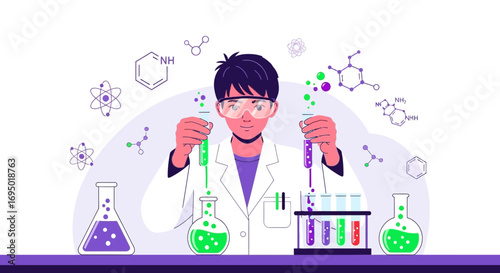 Illustration of a scientist conducting experiments in a laboratory with reaction