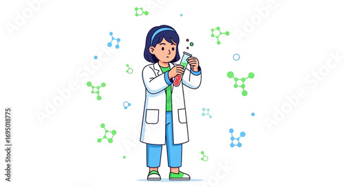 Illustration of a Scientist Analyzing a Chemical Sample with Molecular Structures in the Background