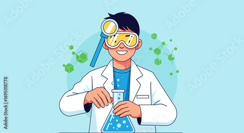 Illustration of a scientist conducting an experiment with a flask and magnifying glass