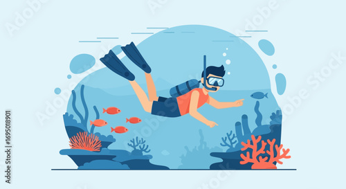 Illustration of a Scuba Diver Exploring the Underwater World with Fishes and Coral Reefs