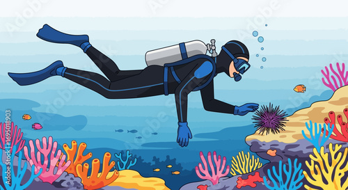 Illustration of a scuba diver exploring the underwater world near a coral reef