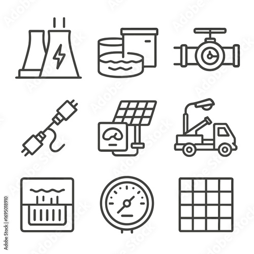 Utilities Icon Set. Line style icons of utilities and infrastructure services: power station icon, water treatment plant, gas line