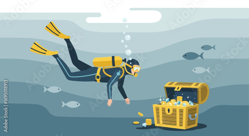 Illustration of a scuba diver exploring underwater and finding a treasure chest in the deep sea