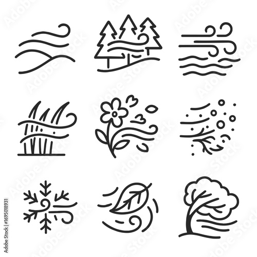 Nature's Wind Flow. Line style icons of wind flow in nature: hill with airflow, forest wind effect, water ripple from wind, grass