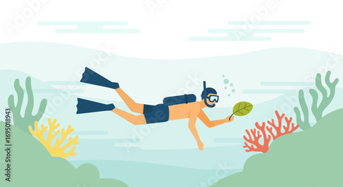 Illustration of a scuba diver exploring underwater life interacting with aquatic nature