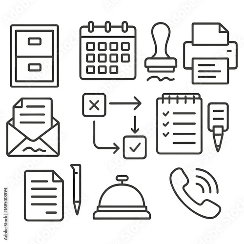 Office Line Art Icons. Line style icons of administrative and office functions: file cabinet icon, calendar planner sheet,