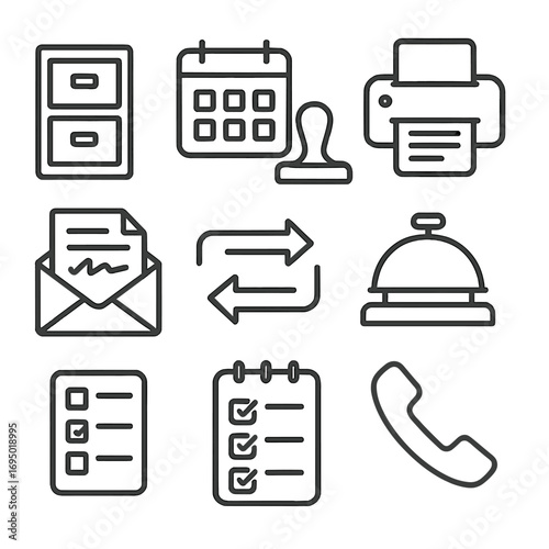Office Line Art Icons. Line style icons of administrative and office functions: file cabinet icon, calendar planner sheet,