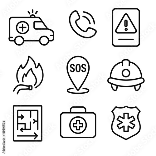 Emergency Service Icons. Line style icons of emergency and rescue services: ambulance with cross, emergency hotline icon, disaster