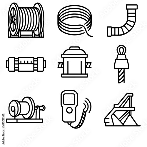 Subsea Cable Systems Icons. Line style icons of Subsea Cable Systems: export cable reel, array cable coil, J-tube bend, cable