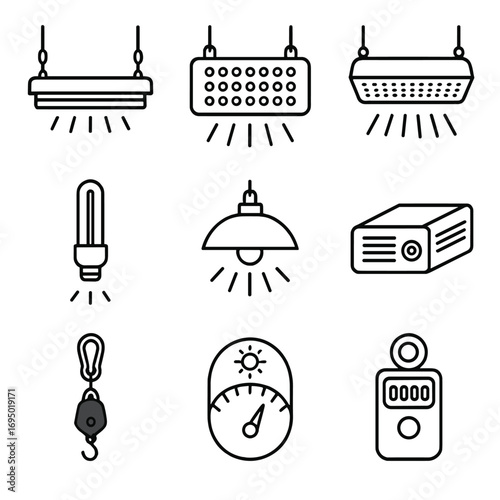 Plant Grow Light Icons. Line style icons of Plant Grow Light Systems: T5 fluorescent, LED grow panel, quantum board, grow light