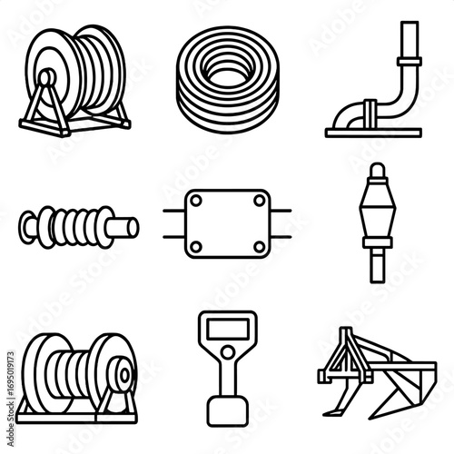Subsea Cable Systems Icons. Line style icons of Subsea Cable Systems: export cable reel, array cable coil, J-tube bend, cable