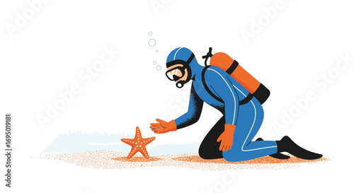 illustration of a scuba diver kneeling to examine a starfish on a sandy beach