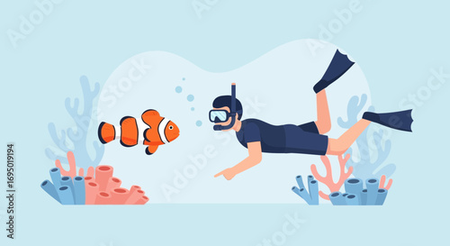 Illustration of a scuba diver snorkeling and observing a clownfish in the ocean