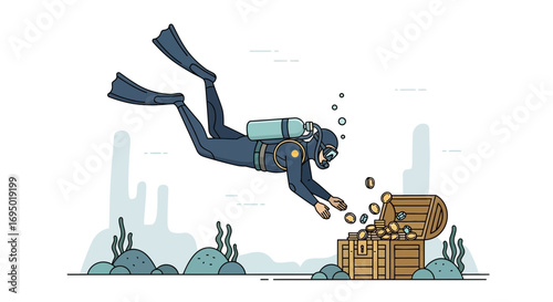 Illustration of a scuba diver retrieving treasure from a chest underwater environment