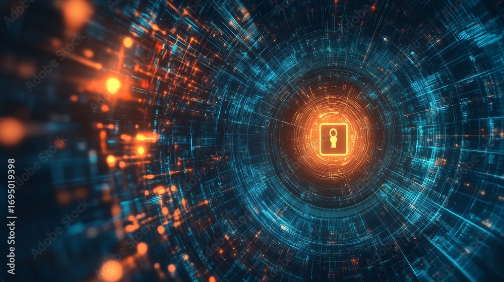 Obraz premium Securing digital assets a glowing lock icon in a high-tech network environment