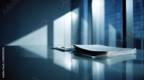 array of financial documents rests elegantly on glass table accentuated by blurred white text bars