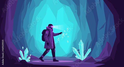 Astronaut discovers glowing crystals in a deep and dark underground cave exploration landscape