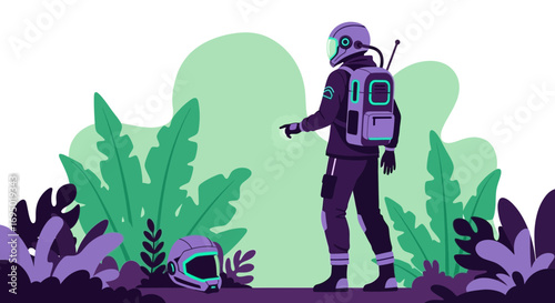 Astronaut explores an alien planet filled with lush vegetation and vibrant foliage