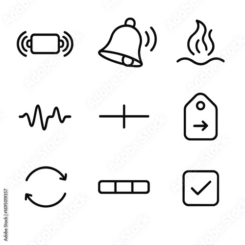 Haptic-Smell Icon Grid. Line style icons of Haptic-Smell Synchronization: vibration motor, timing cue bell, scent pulse icon, sync