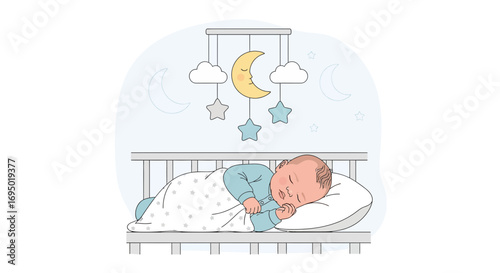 Illustration of a sleeping baby in a crib with a mobile and moon and stars